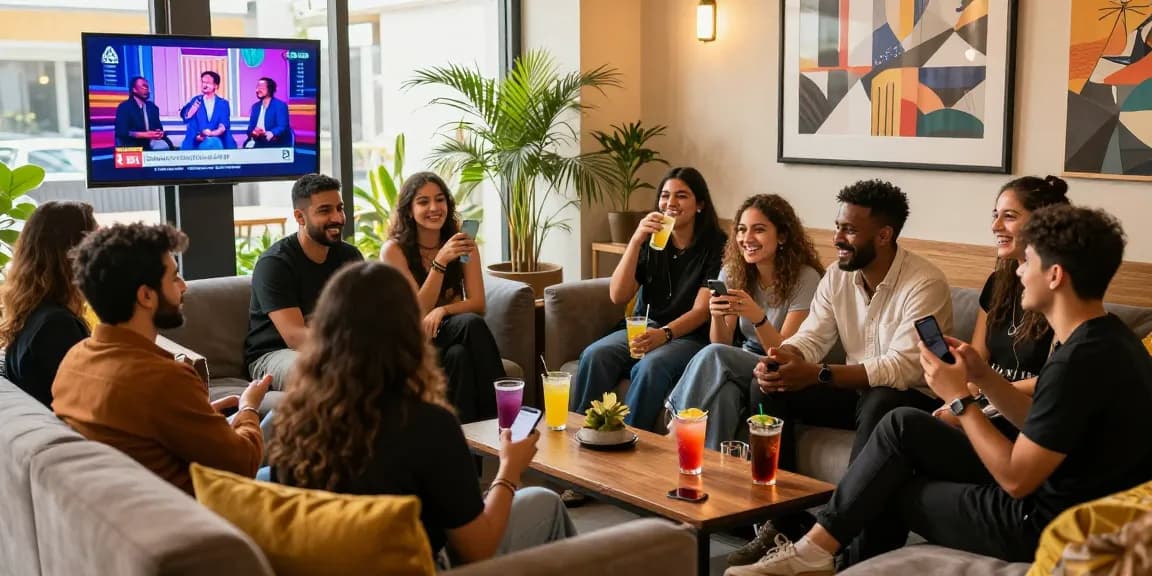 Social chat scene showcasing شات فلة الخليج with young adults laughing, engaged in conversation, and sharing drinks in a vibrant lounge.