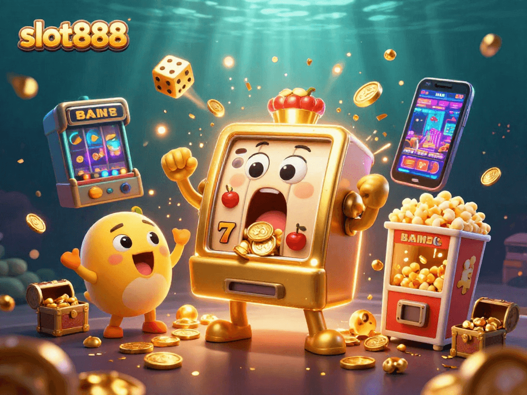 Jajakan slot888 dengan mesin slot emas kartun meraih jackpot, sambil dikelilingi pesona kasino.