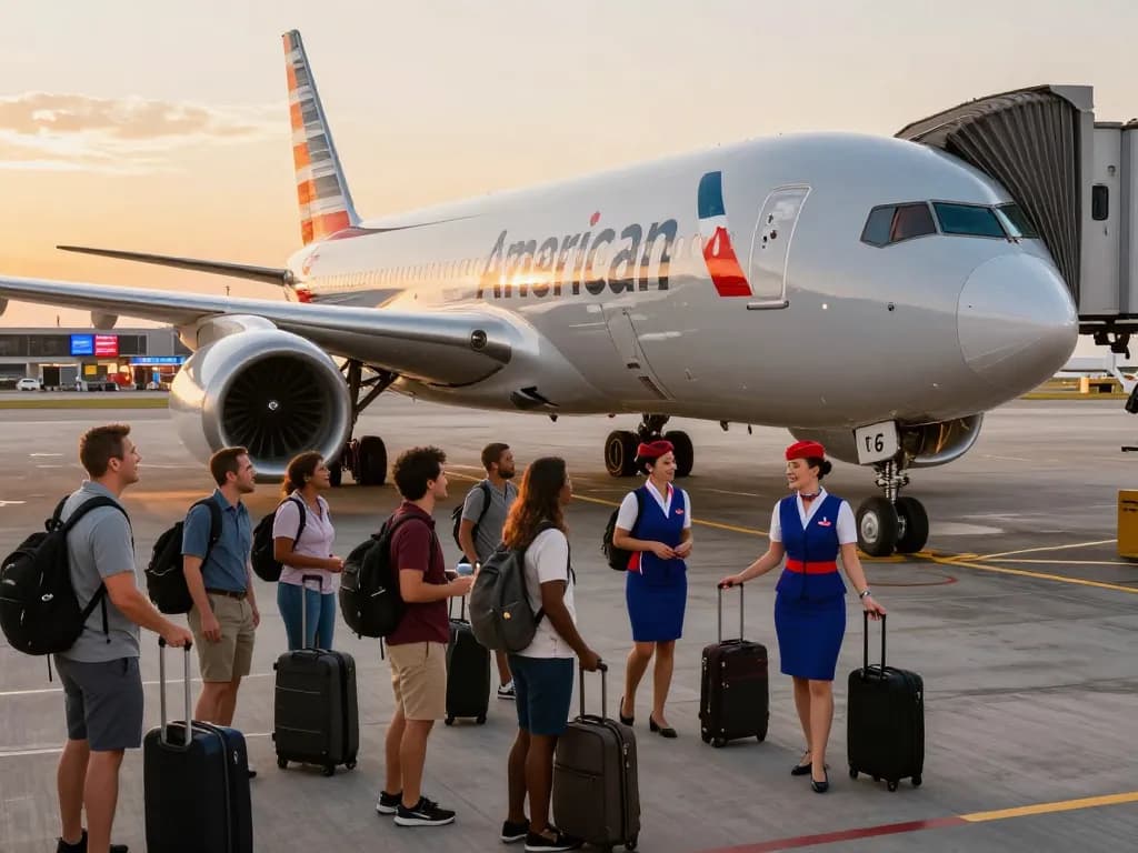 Travelers excited for their journey aboard the 789P aircraft at sunset.