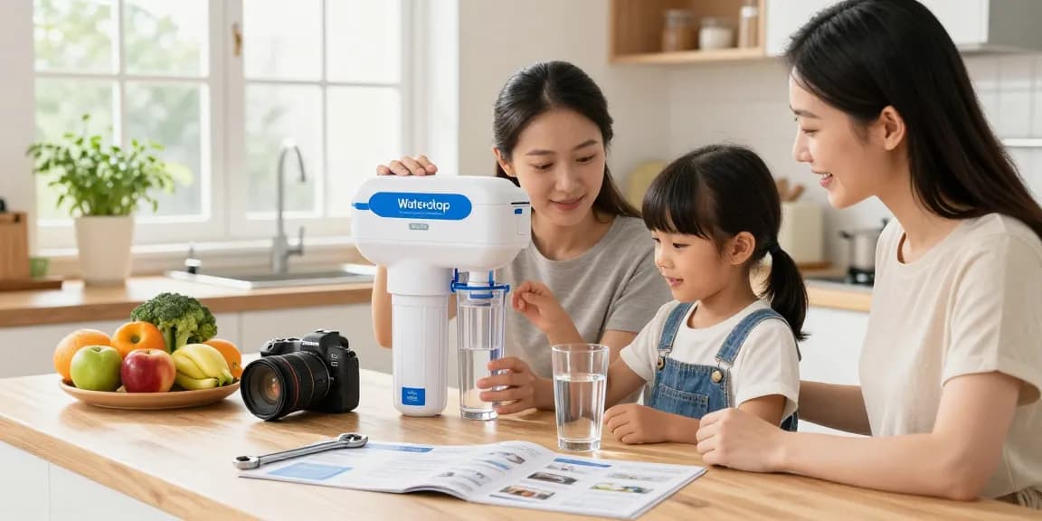 Family installing the Waterdrop TST-UF-B 0.01 Micron Ultra-Filtration Under Sink Water Filter in a bright kitchen, showcasing health and clean water.