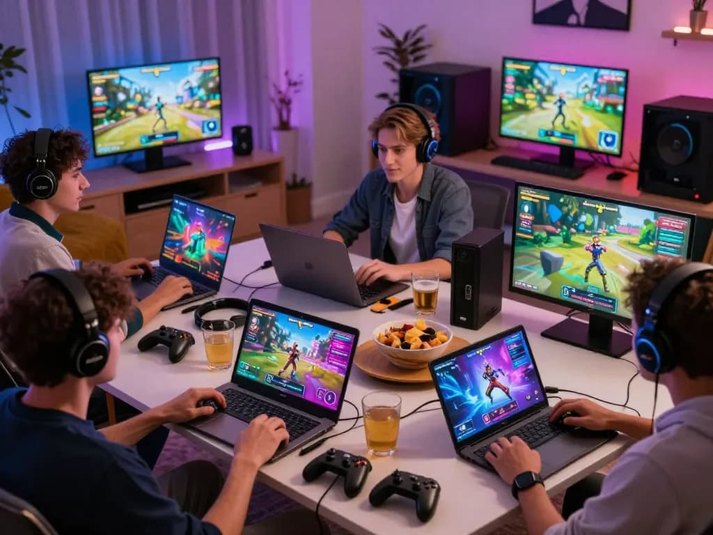 Players enjoying games on Sunwin platform in a lively home setting with vibrant visuals and accessories.