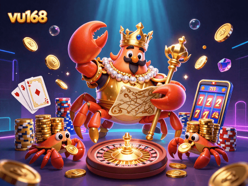 Experience thrilling gameplay at vu168 with a golden crab emperor and treasure-filled casino scene.