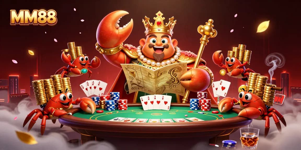 MM88 features a golden crab emperor and hermit crabs amidst poker elements, enhancing casino excitement.