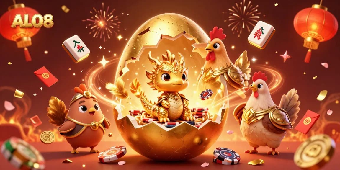 Experience excitement at ALO8 with a golden dragon amid poker chips and festive casino elements.