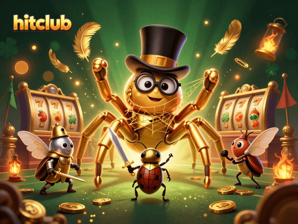 Hitclub's animated casino scene showcases rich details of a golden tarantula and knight in action.