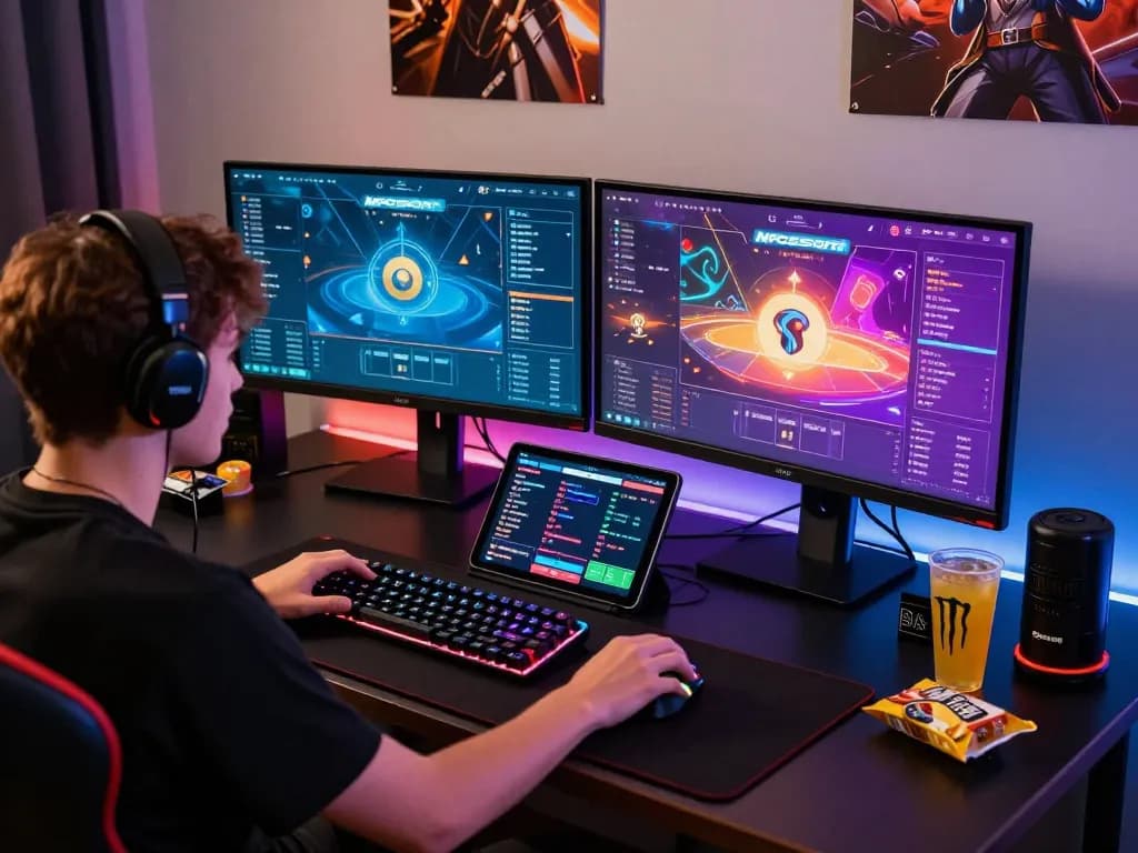 Player enjoying MPOSPORT online poker on dual monitors with ambient lighting.