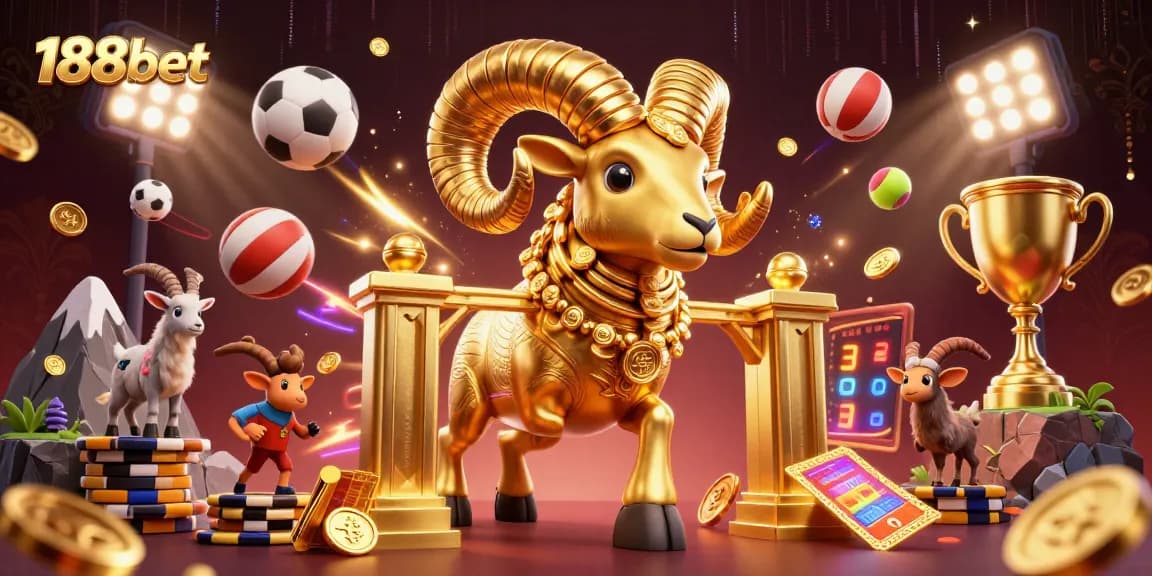 Experience dynamic betting action with 188bet as golden symbols and sports elements come alive in a vibrant casino scene.
