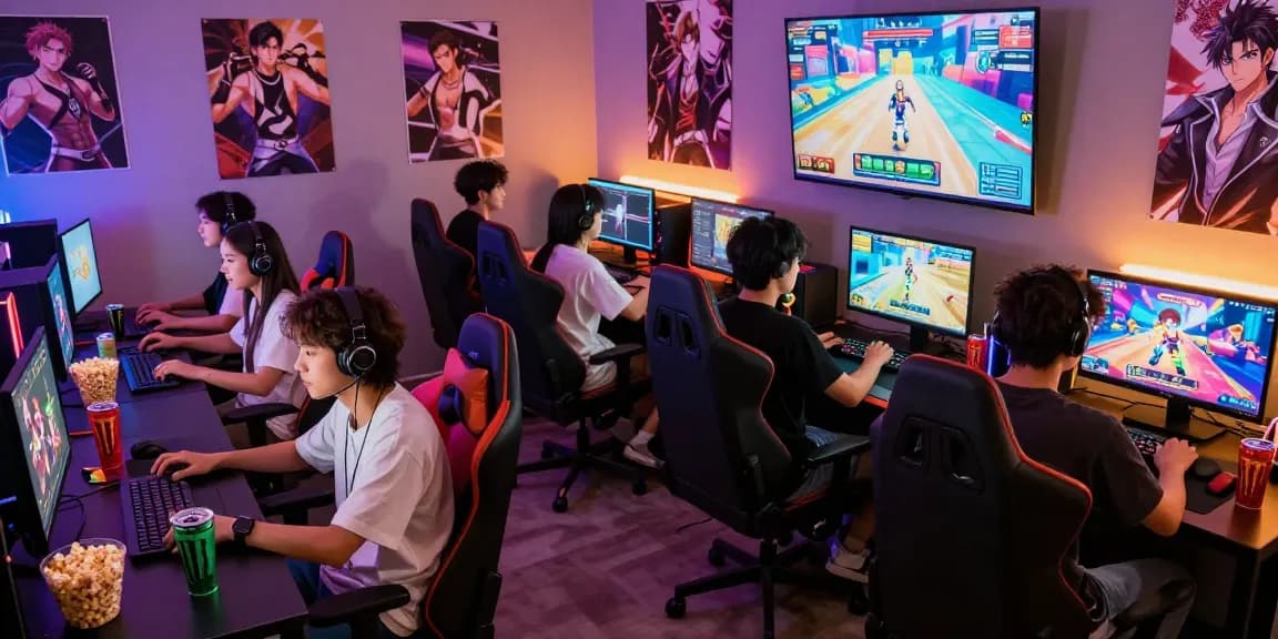 Engaging friends playing gay ecchi games in a vibrant gaming environment.