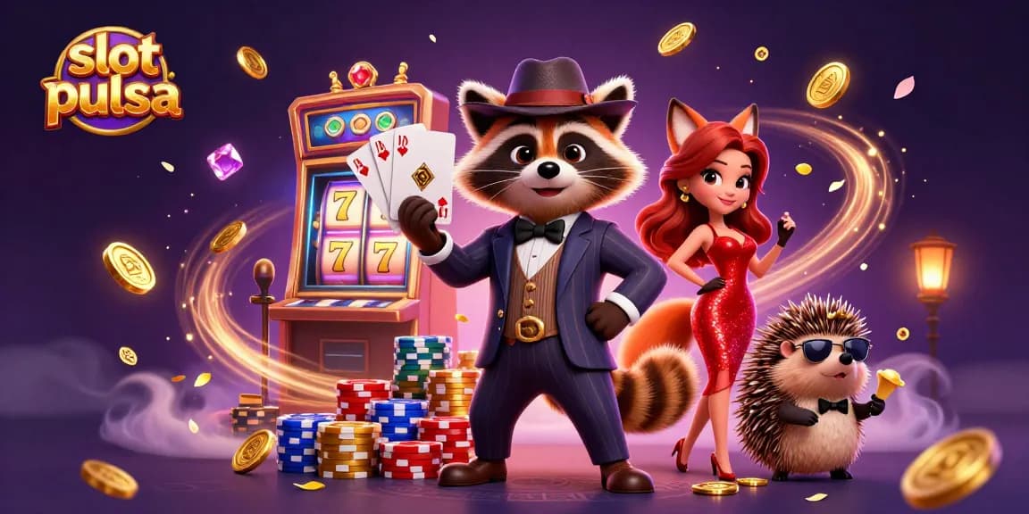 Slot pulsa dengan ratusan koin emas dan batu permata bersinar, menampilkan karakter kartun 3D.