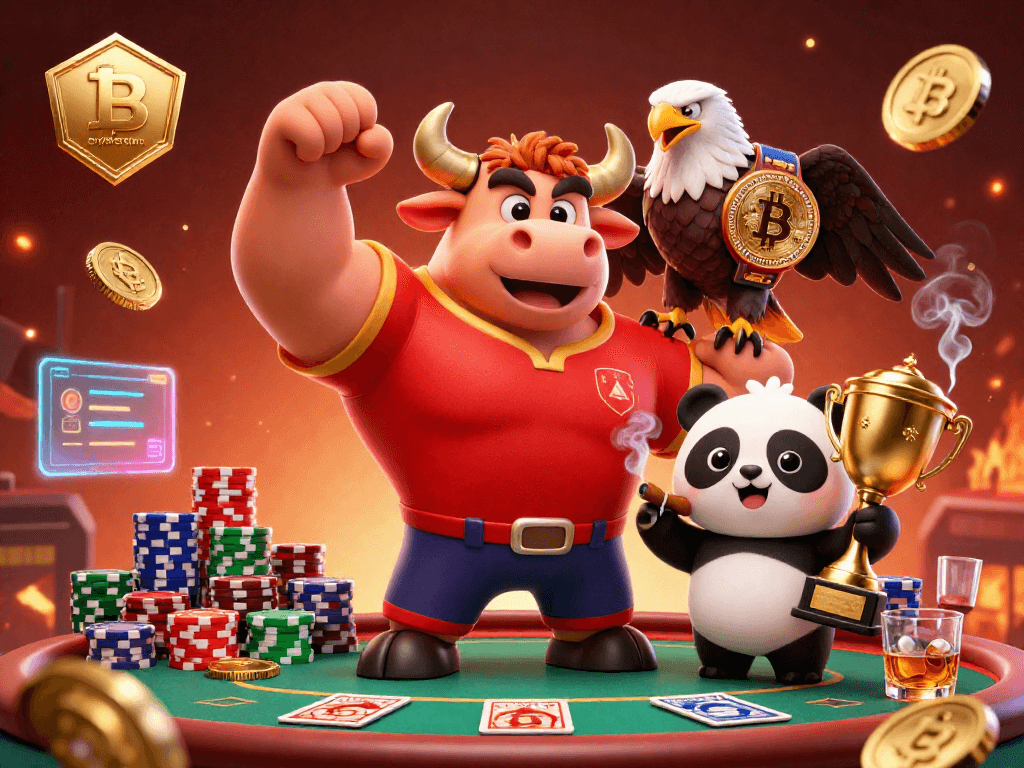 Celebrate wins with the crypto casino featuring a victorious bull mascot and dynamic game elements.