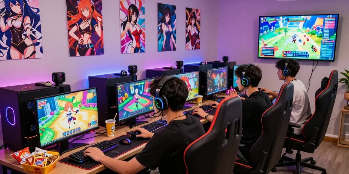 Exciting scene of friends playing hentai games in a gaming lounge.
