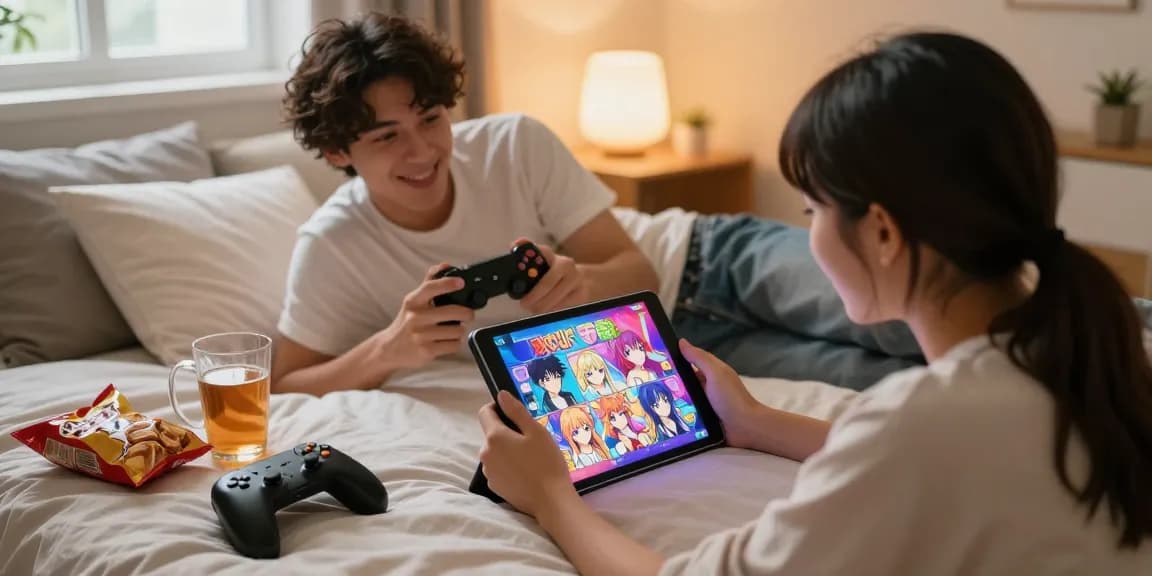 Couple enjoying hentai games on a tablet in a cozy bedroom setting.