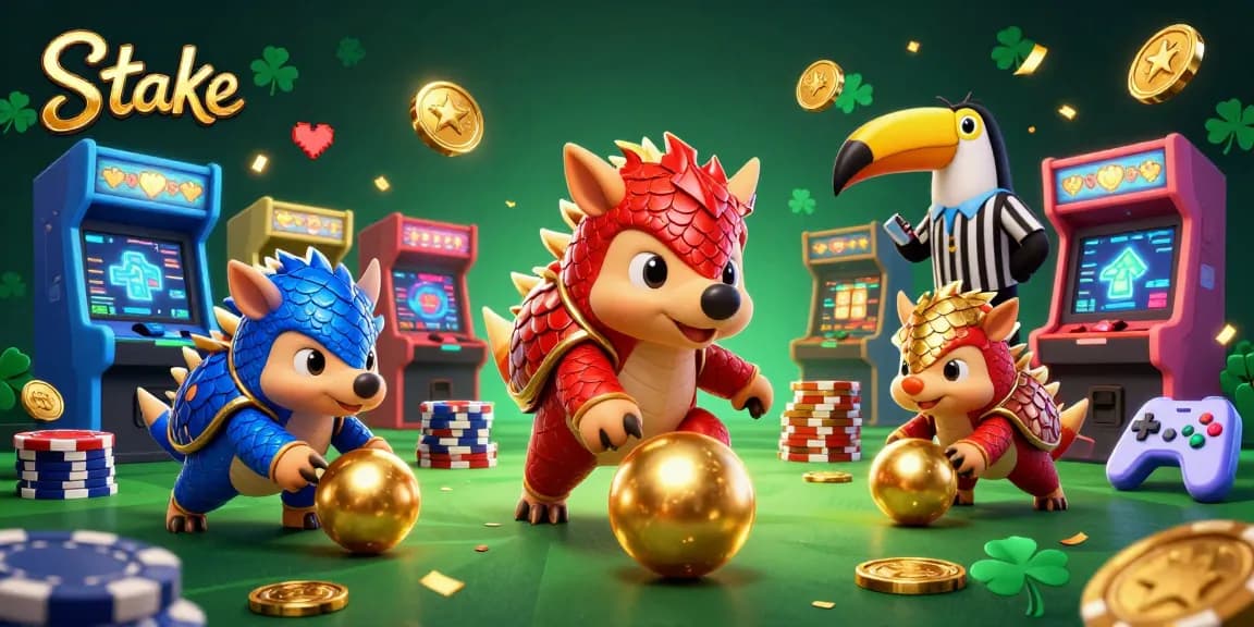 Bowling pangolins in colorful casino scene exploring Stake's gaming variety.