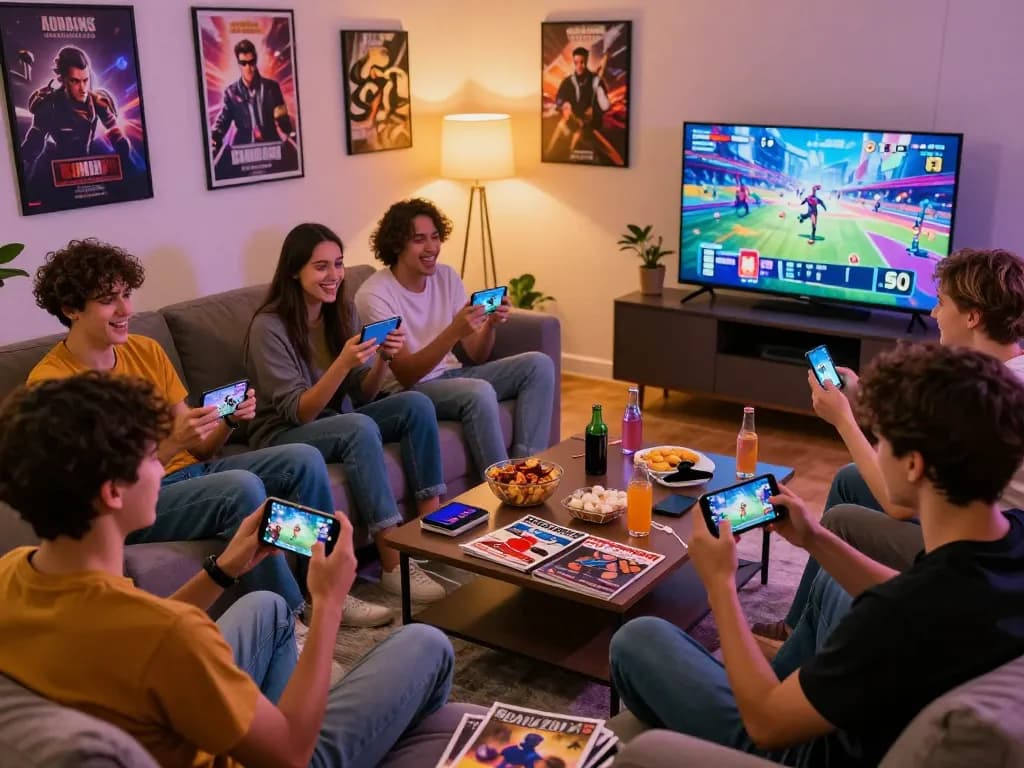 Group enjoying mobile porn games on smartphones in a cozy apartment, lively atmosphere with colorful game graphics.