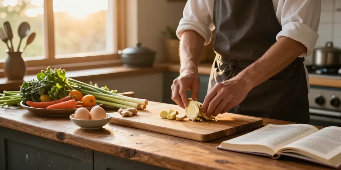 Healthy cooking scene featuring ginger and eggs, emphasizing สล็อต.