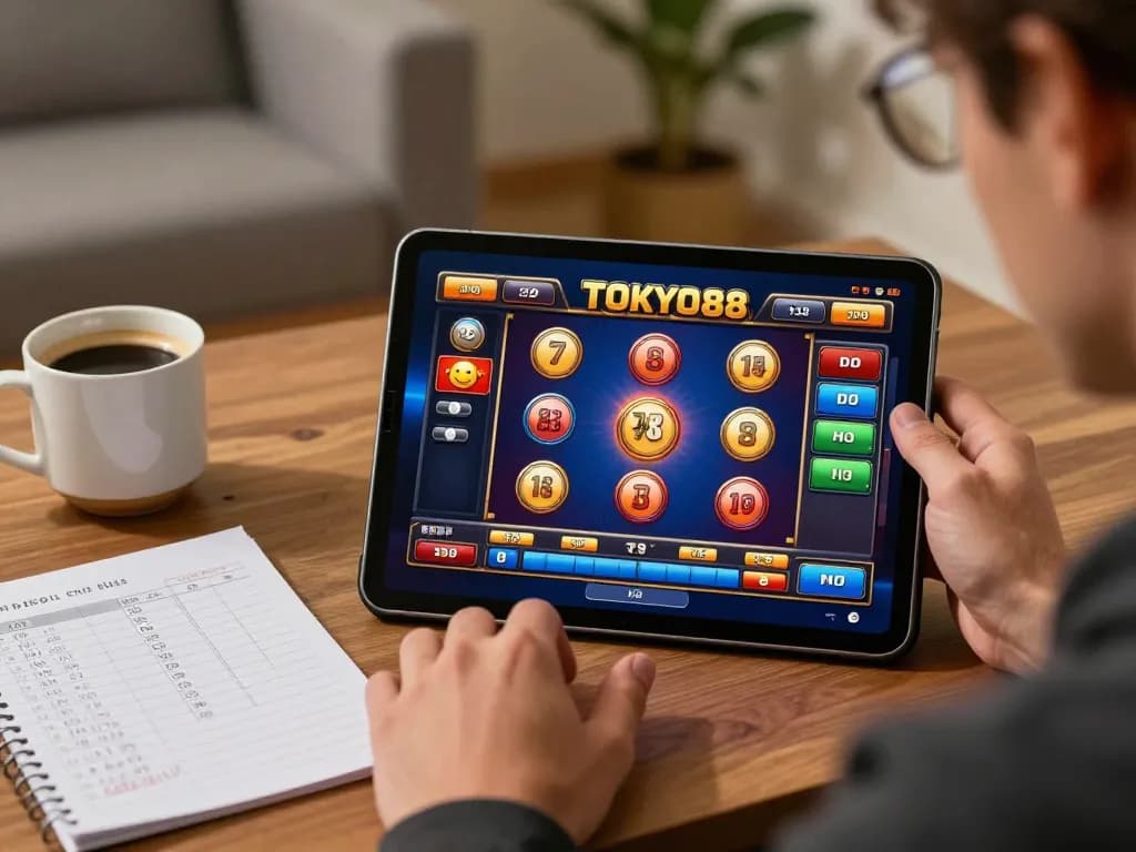 Pemain TOKYO88 menikmati permainan slot yang cerah di tablet dalam suasana rumah yang nyaman