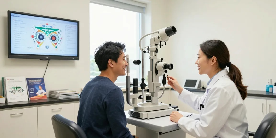 Consultation at SNU Eye Clinic, patient discussing eye care with professional.