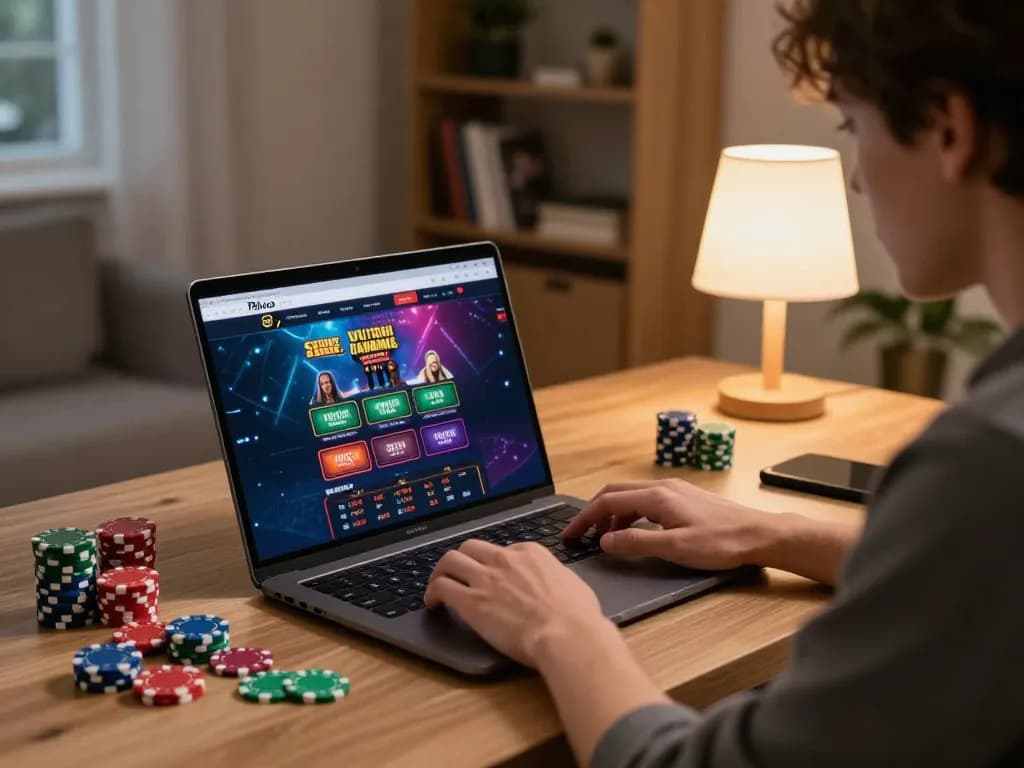 Engaging with online casino gaming on f8betlv, person using laptop surrounded by strategy notes.