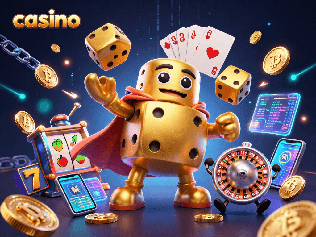 Engage with vibrant casino gameplay featuring dynamic golden dice, slot symbols, and crypto elements.