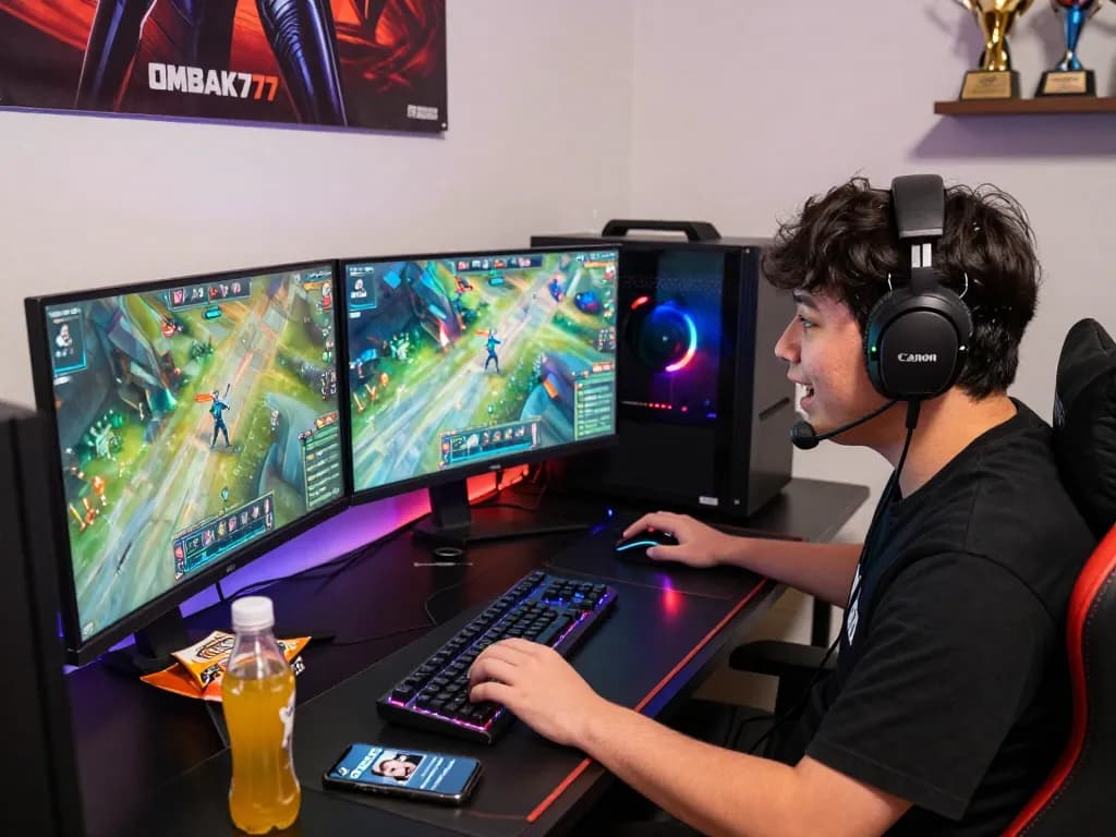 Gamer immersed in OMBAK77 on dual screens with vibrant graphics and gaming gear
