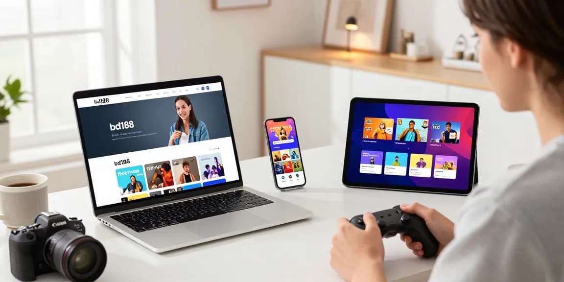 Interaktibong platform ng bd188 na nagpapakita ng mga laro at aplikasyon sa isang laptop.