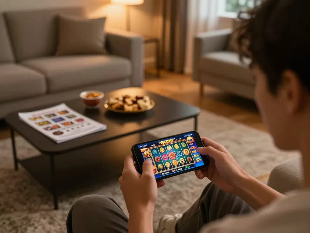 Enjoying a mobile GO88 casino game in a cozy home setting with strategic notes and snacks.