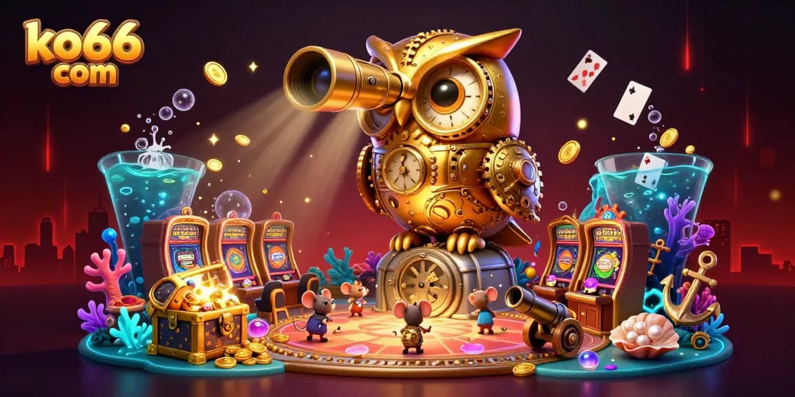 Engage with the excitement of ko66 com at a lively casino featuring a golden owl and vibrant game elements.