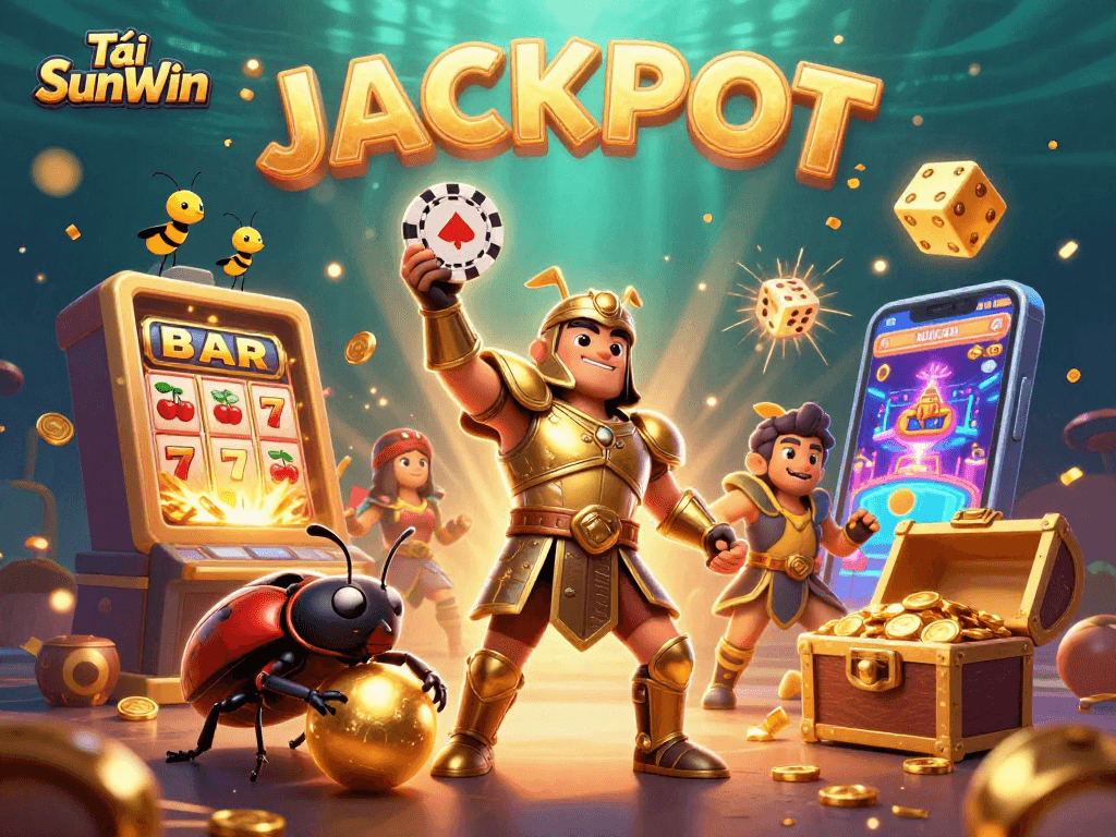 Tải SunWin brings excitement with a hercules beetle celebrating a jackpot in a vibrant casino scene.