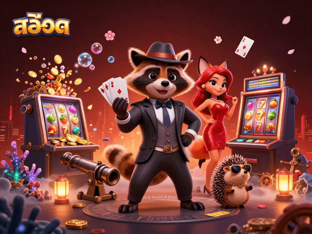 Experience the thrill of สล็อต with a raccoon, fox, and hedgehog amid treasure and gaming symbols.