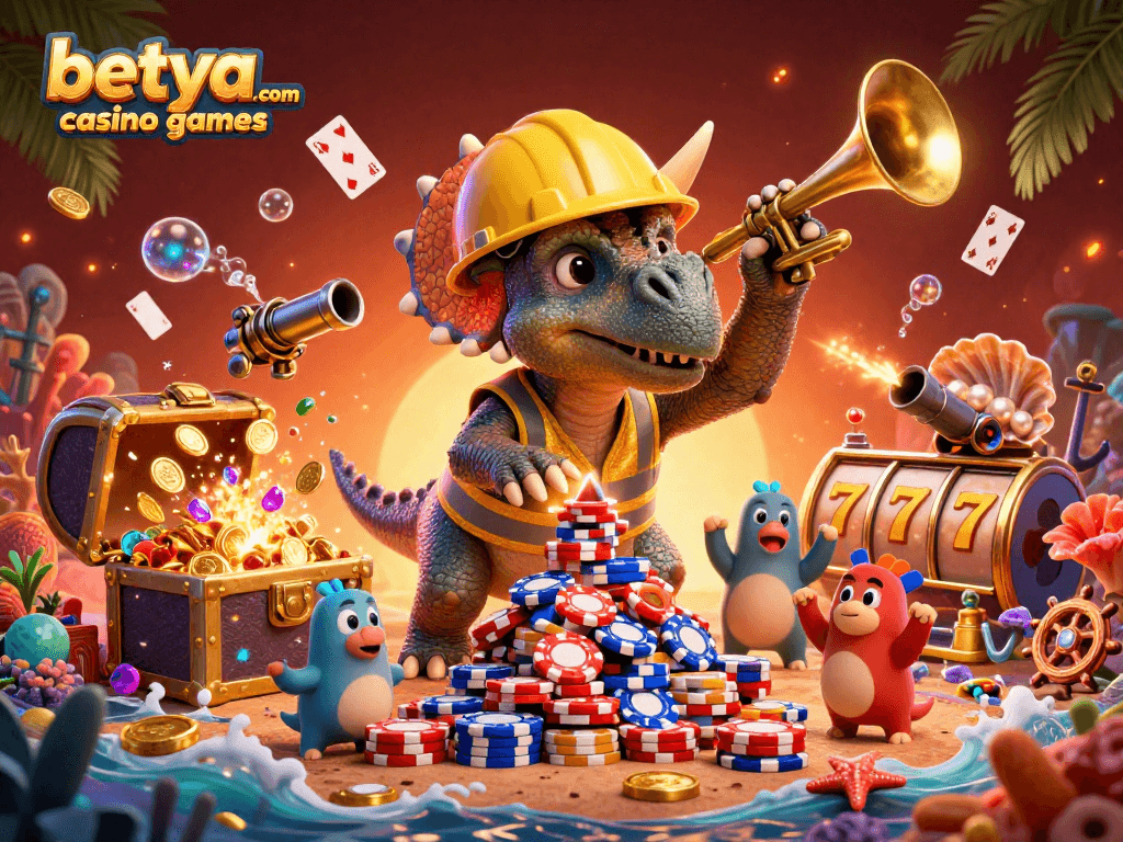 Experience the excitement of betya.com casino games with dinosaurs celebrating as they build a poker chip pyramid.