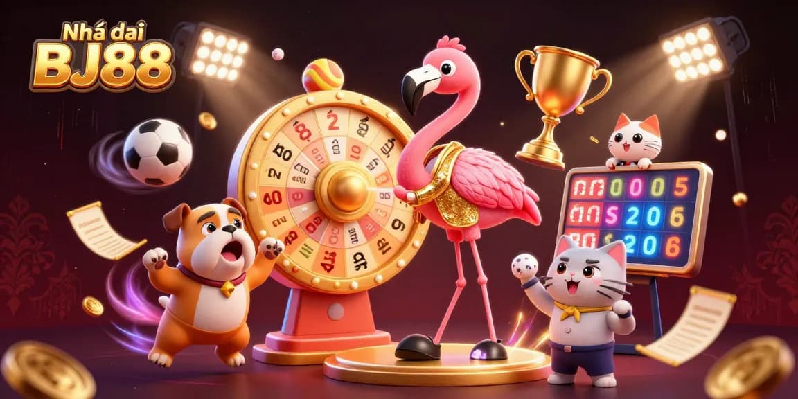Engaging scene illustrating Nhà cái BJ88 with the flamingo host, a bulldog contestant, and a scoreboard cat revealing prizes, creating excitement in gambling.