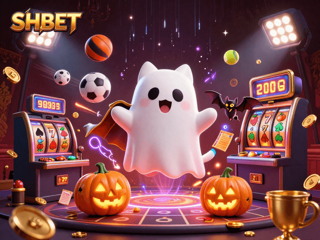 Experience thrills at SHBET with a ghost cat and glowing jack-o-lanterns in a dynamic casino.