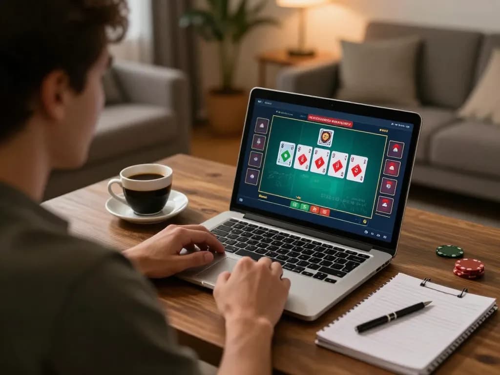 Player analyzing poker strategies on laptop while enjoying responsible online gaming with sc88 strategy notes nearby.