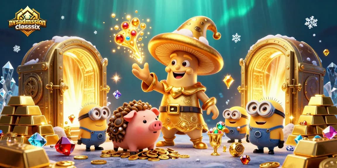 nvsadmissionclasssix players aiming for gold with a golden mushroom wizard and sparkling treasure