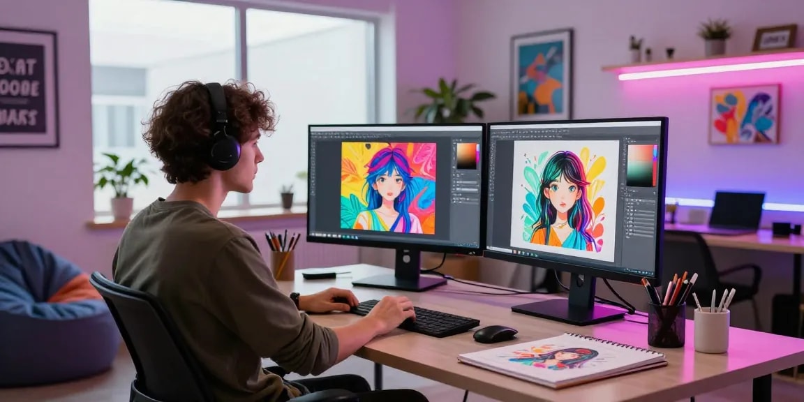 Vibrant studio scene with NSFW AI artwork and artist at workstation.