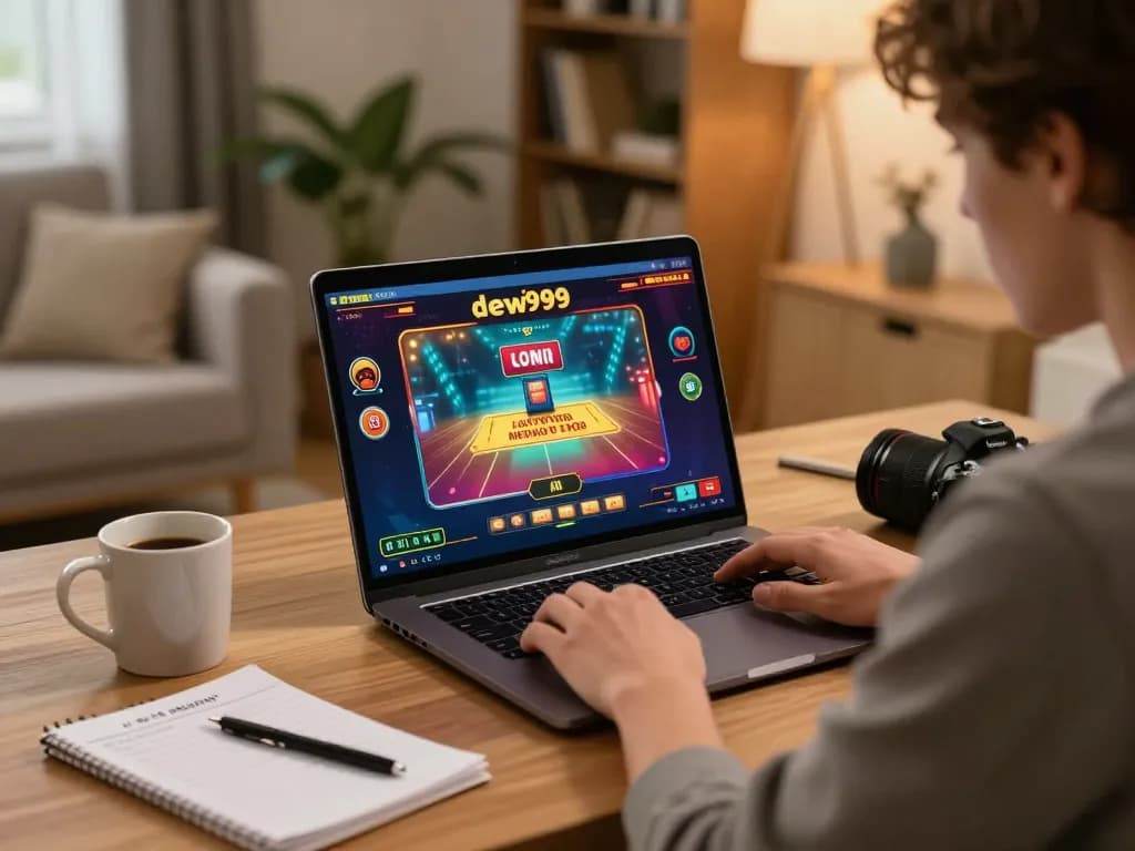 Sesi permainan online Dewi999 menunjukkan seorang pemain terlibat dengan poker di laptop, dengan catatan dan suasana rumah yang hangat.