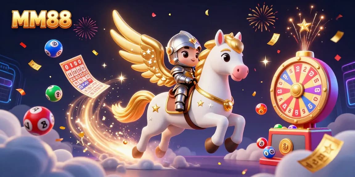 Experience thrilling play at MM88 with a dynamic scene of a knight and a celestial horse amidst colorful lottery elements.