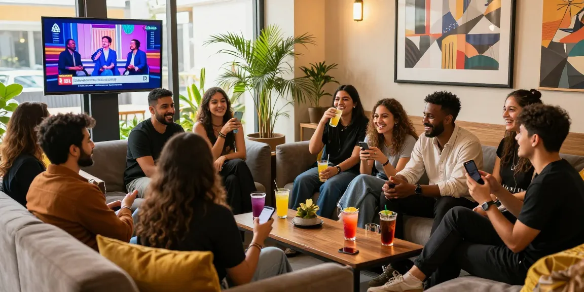 Social chat scene showcasing شات فلة الخليج with young adults laughing, engaged in conversation, and sharing drinks in a vibrant lounge.