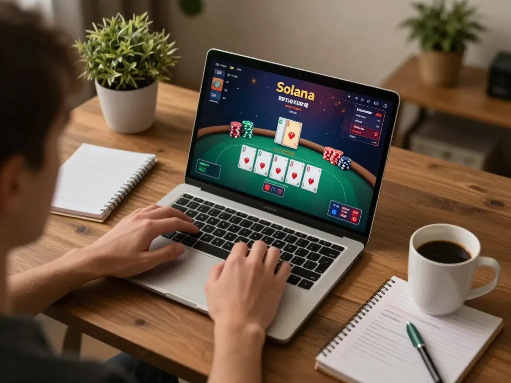 Engaging in solana gambling at home using a laptop for online poker under warm lighting.