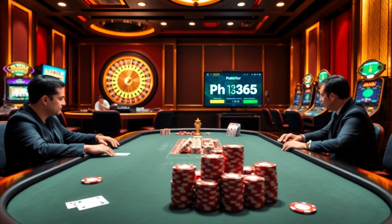 Players engaging in a thrilling poker game at a luxury casino while learning about ph365 register opportunities.