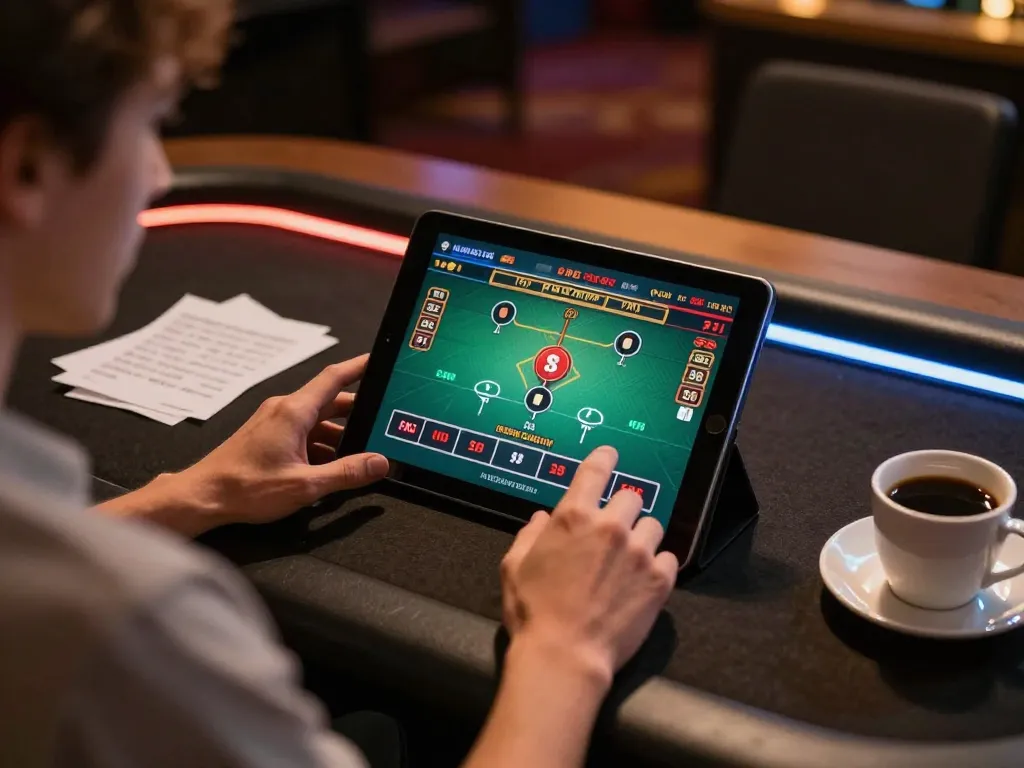 Engaging online gambling at BK8 with a live dealer game on a tablet during casual home gaming.