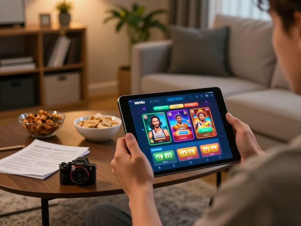 Engaging player using the win4u app for online casino gaming on a cozy sofa