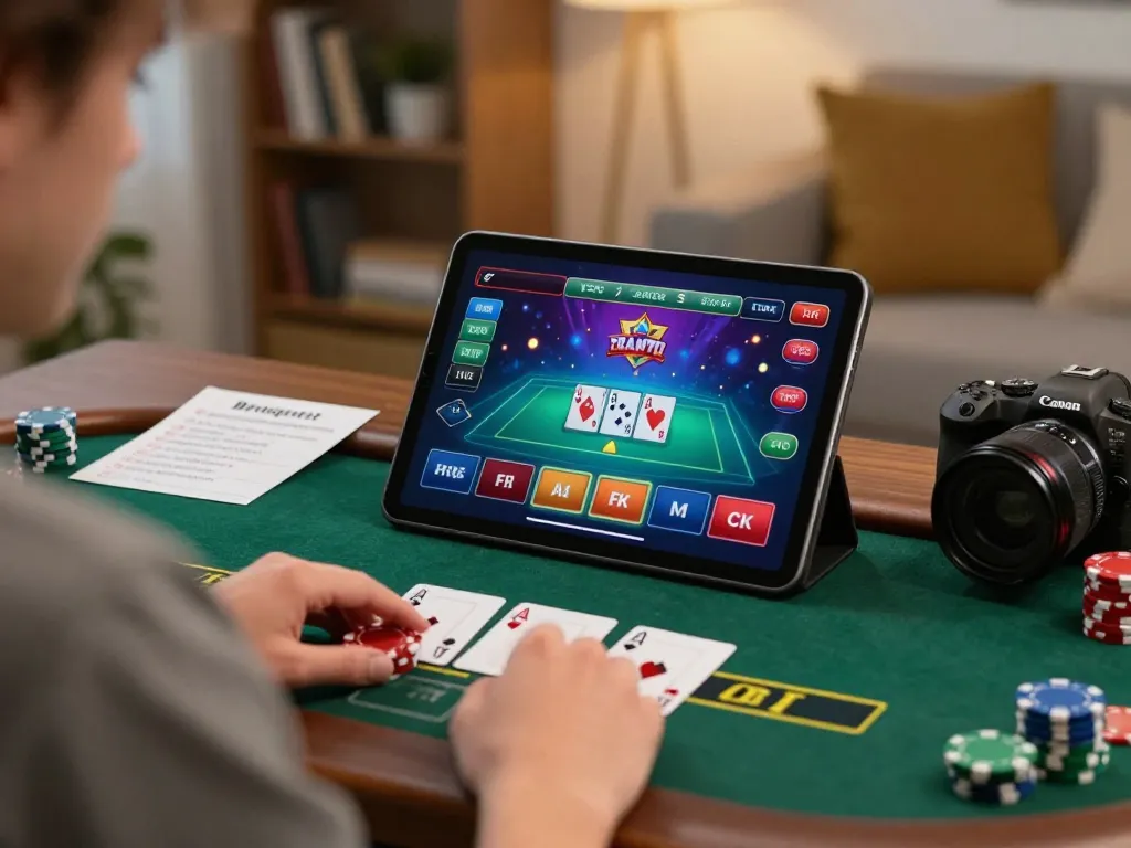 Engaging in live dealer blackjack through 188bets interface on tablet in a cozy home setting