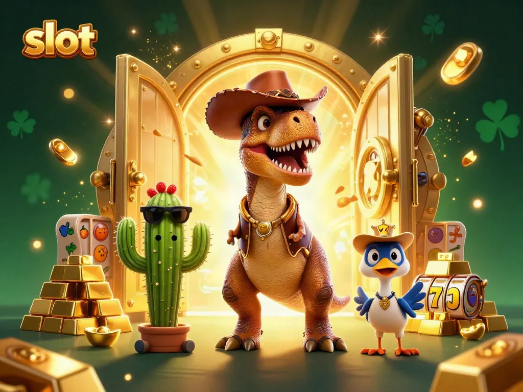 Interactive slot scene with a cowboy dinosaur, cactus sidekick, and roadrunner set against gold and treasure.