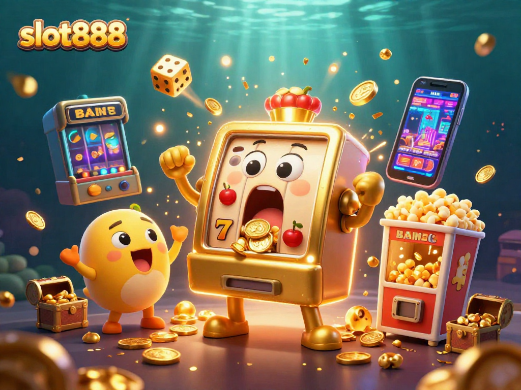 Jajakan slot888 dengan mesin slot emas kartun meraih jackpot, sambil dikelilingi pesona kasino.