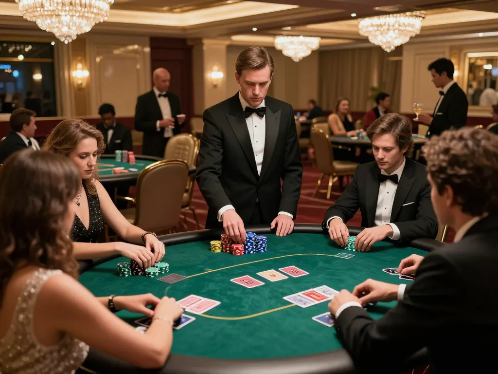 Join the intense fabet poker showdown in an elegant casino, where strategy unfolds.