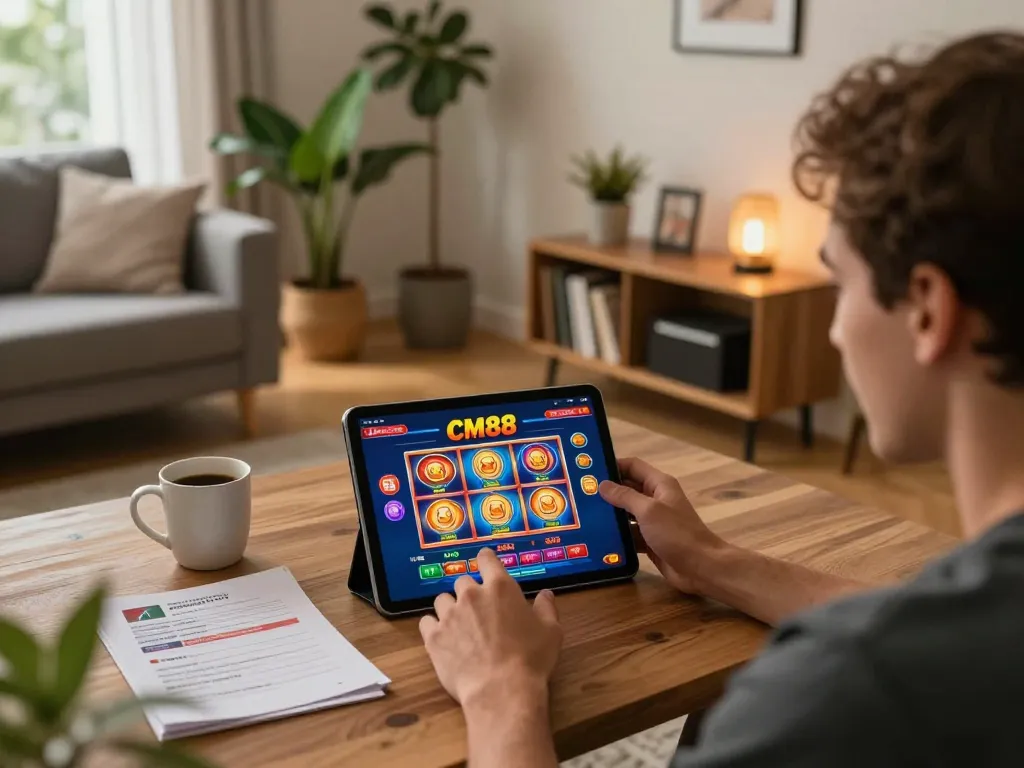 Player enjoying CM88 online gaming on a tablet in a cozy living room.