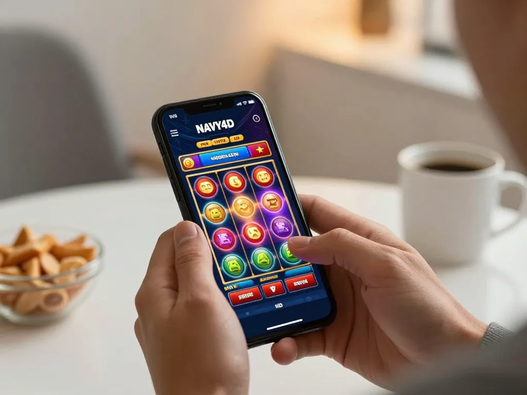 Antarmuka aplikasi judi mobile NAVY4D menampilkan permainan slot berwarna-warni yang sedang dimainkan.