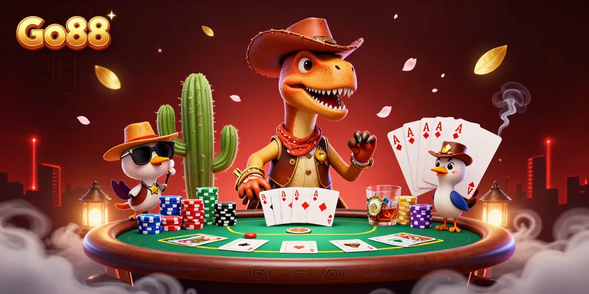 Go88 brings excitement to the virtual casino scene with dynamic poker gameplay featuring a cartoon dinosaur amidst colorful chips.