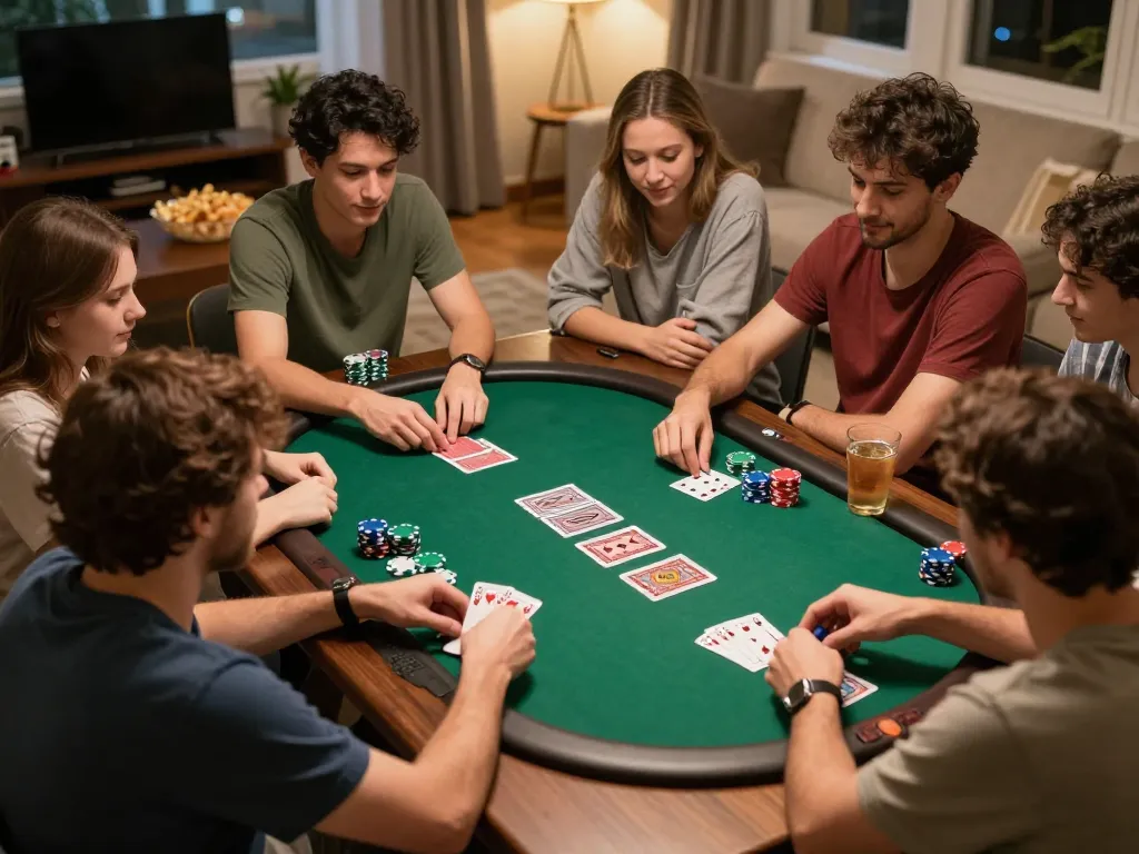 Friends enjoy a lively poker night at home, showcasing kdtoto gaming atmosphere and excitement.